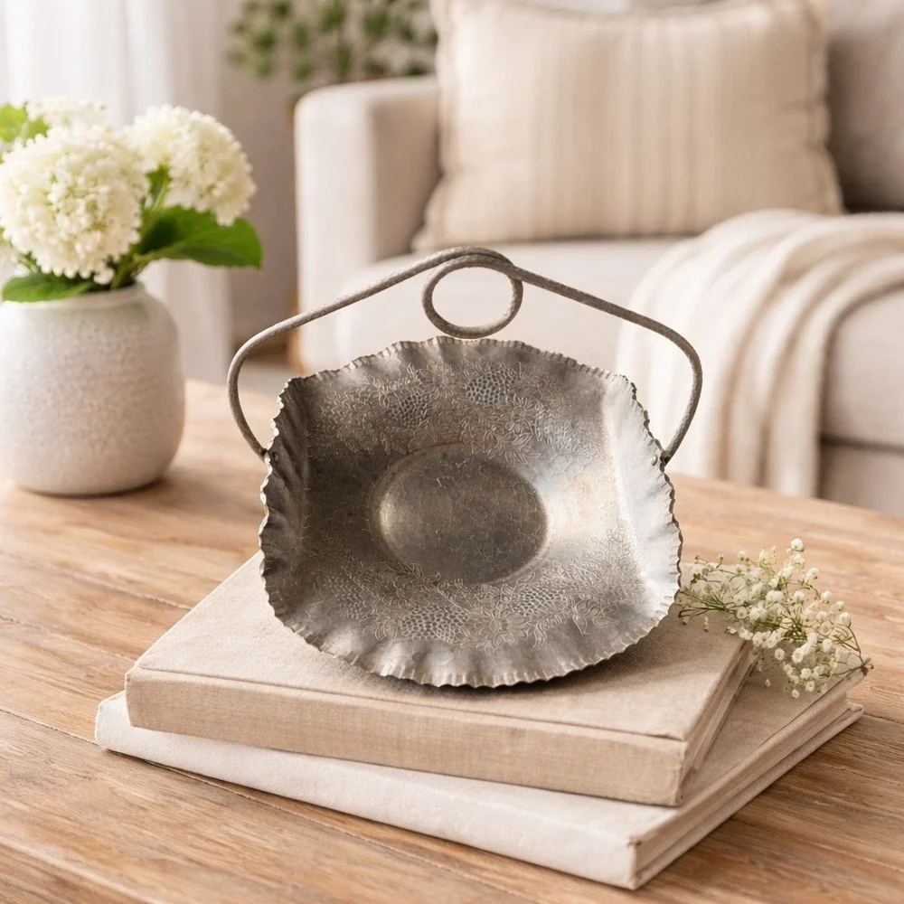 Hammered Aluminum Basket‎ Floral Embossed Loop Handle Designed Aluminum 1940s